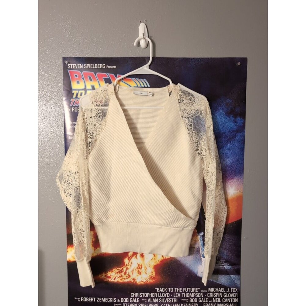Lush Cream Mock Wrap Ribknit Sweater Lace Sleeves Size M